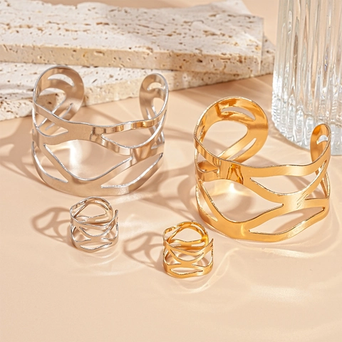 Hol Geometrisch Metalen Manchet Armband En Ring Onregelmatig Golfpatroon Moderne Minimalistische Mode Sieraden Dames