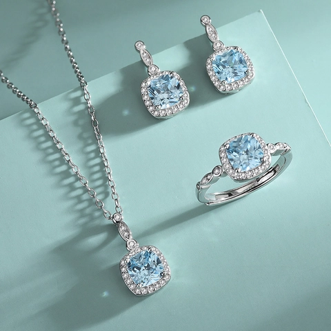 925 Sterling Silber Hellblaues Kissen Schliff Edelstein Halo Halskette Ohrringe Ring Für Frauen Elegante Mode