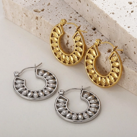 Hollow Leaf Texture Hoop Earrings Stainless Steel Wheat Grain Pattern C Shaped Jewelry For Women