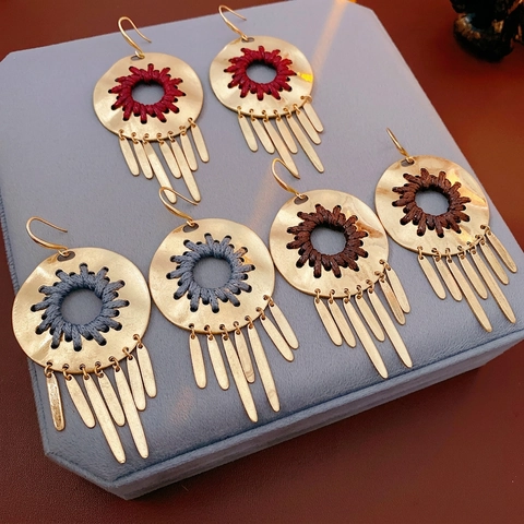 Boheemse Etnische Kwastje Oorbellen Rond Legering Koord Geweven Met 925 Sterling Zilveren Oorknopje Retro Exotisch Dames