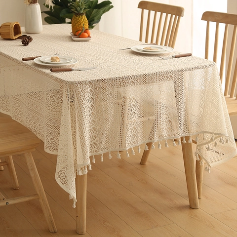 Lace Tablecloth Hollow Out Crochet With Tassels Beige Polyester Farmhouse Rustic Dining Table Cover Holiday