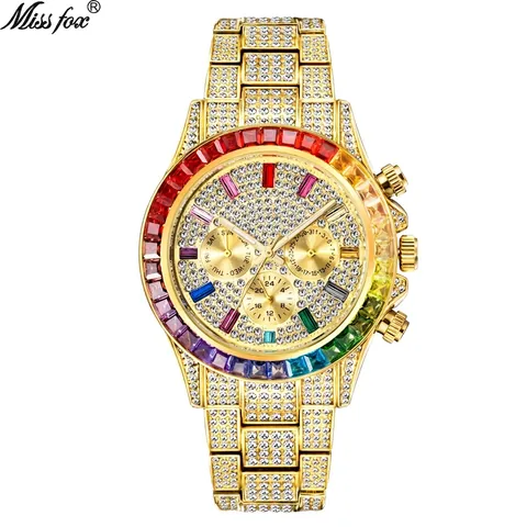 Men Luxury Quartz Watch Iced Out Full Diamond Rainbow Bezel Hip Hop Fashion Wristwatch Stainless Steel Waterproof Luminous