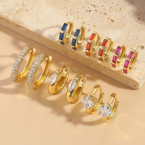 Vintage Minimalist Copper Zirconia Hoop Earrings For Women Micro Inlaid Geometric Ear Buckle Elegant Gold Plated Jewelry Gift