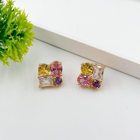 Asymmetrische Veelkleurige Zirconia Oorknopjes Messing Verguld Geometrische Vorm Sieraden Met 925 Sterling Zilver Stift Voor Vrouwen