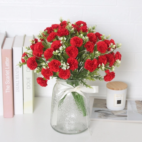 Bouquet De Fleurs D'œillets Artificiels Tissu En Satin Multi-têtes Réaliste Lavable Décoration De Table Bureau Cadeau Fête Des Mères