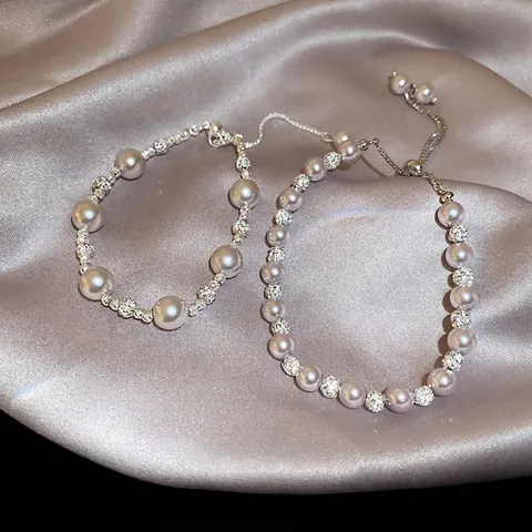 Bracciale Künstliche Perle Finte Fiore Rosa Lega Strass Intarsiato Regolabile Gioielli Moda Eleganti Lusso Per Donne