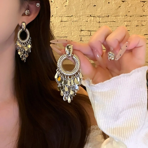 Metal Sequin Tassel Round Hoop Earrings With 925 Sterling Silver Earring Post Oversized Bohemian Fashion Accessories Women