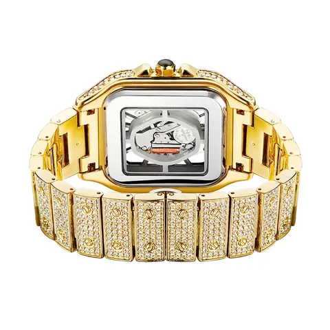 Orologio Quadrato Iced Out Da Uomo Lusso Quadrante Scheletro Intarsio Strass Hip Hop Placcato Oro Acciaio Inossidabile Quarzo