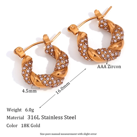 Boucles d'Oreilles Créoles Torsadées en Acier Inoxydable Plaqué Or 18K pour Femmes Bijoux en Perles Artificielles et Strass