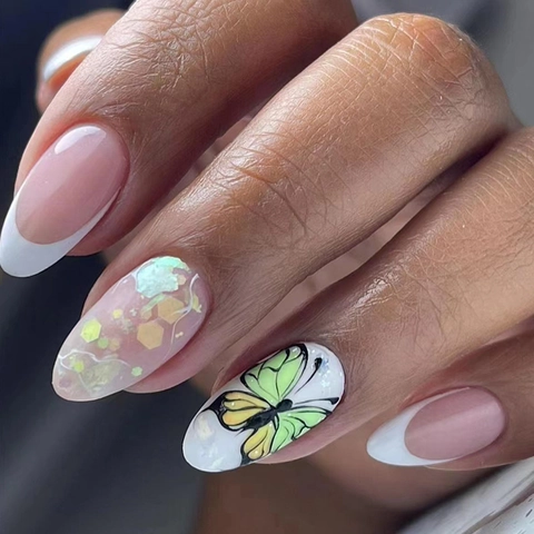 Fairy Butterfly Almond Press On Nails White French Tip Marble Crack Design Artificial Fake Nails For Women Daily Manicure Decorative Art