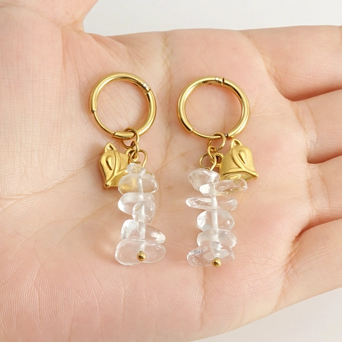 18K Gold Plated Stainless Steel Hoop Earrings With Fox Pendant And Natural Stone Crystal Beads Dangle For Women