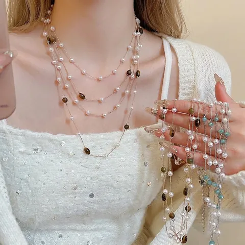 Collier Multi Rangs Avec Imitations De Künstliche Perles Et Pierres Oeil De Tigre Élégante Chaîne De Pull Longue Bijoux Rétro Femmes