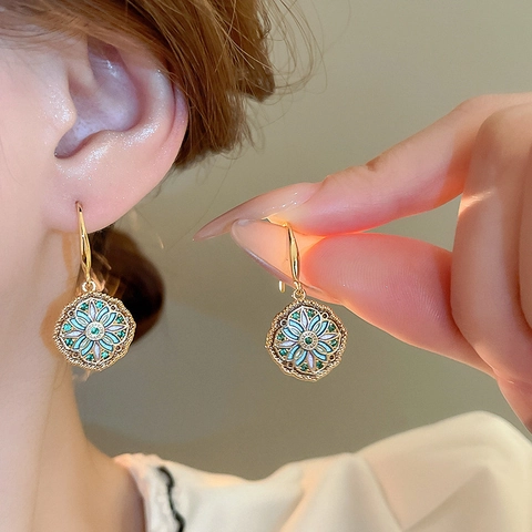 Retro Floral Round Drop Earrings Gold Plated Copper Enamel Zircon French Style Vintage Jewelry For Women