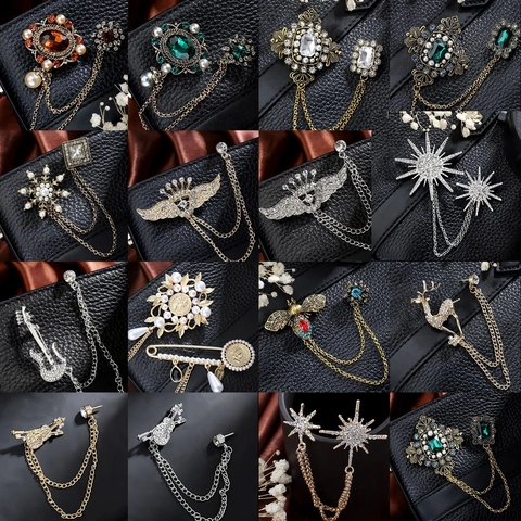 Broche De Cadena Vintage Aleación Diamantes De Imitación Perla Artificial Falsa Pin De Solapa Para Traje Boda Fiesta Barroco Elegante Unisex