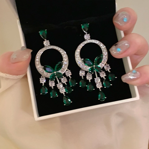 Set Di Gioielli Farfalla Con Nappine Smeraldo Zircone Rame Collana Orecchini Con Perno In Argento Lusso Vintage Donna