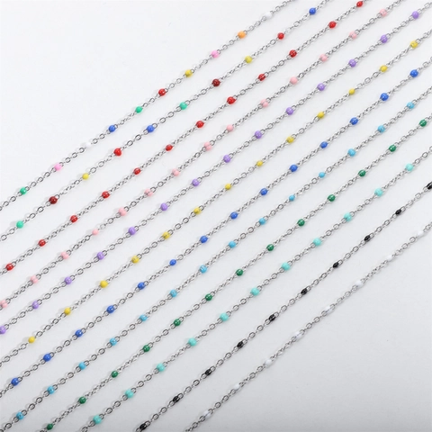 Enamel Beaded Necklace 304 Stainless Steel Thin Cross Chain Minimalist Colorful Round Bead Jewelry For Women Trendy