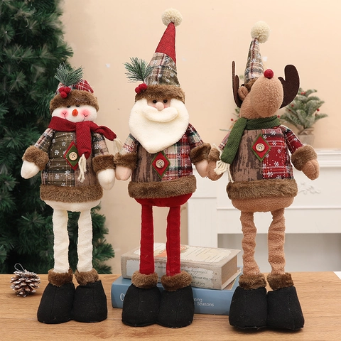 Poupées De Noël Avec Jambes Extensibles Tissu Écossais Père Noël Bonhomme De Neige Renne Figurines Décoration Maison