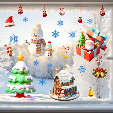Christmas Window Clings Santa Claus Snowman Reindeer PVC Static Cling Stickers 3D Cartoon Holiday Home Decor For Glass