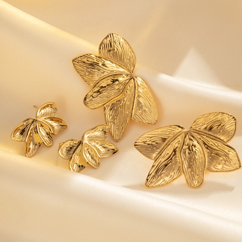 Gold Plated Leaf Stud Earrings Stainless Steel Earring Post Textured Hammered Brushed Retro Jewelry For Women