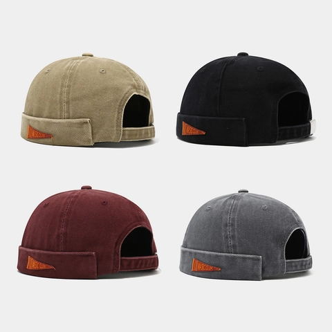 Brimless Docker Hat Washed Cotton Adjustable Vintage Retro Streetwear Miki Cap Mit Orangefarbenem Dreieckspatch Unisex