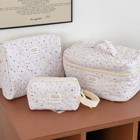 Gewatteerde Katoenen Cosmetische Tas Polka Dot Boog Print Draagbare Reizen Opbergtas Grote Capaciteit Zoete Esthetiek