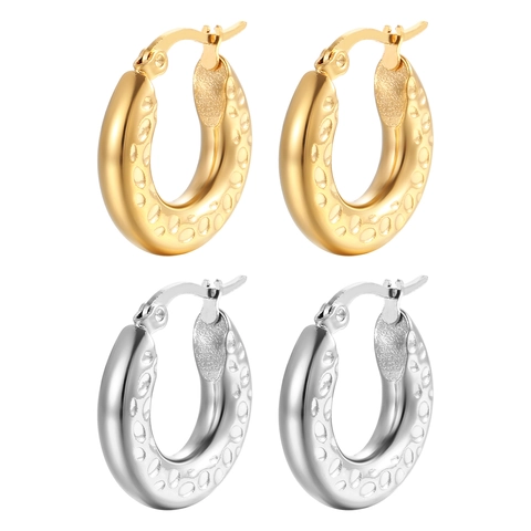 Hammered Texture Hoop Earrings Stainless Steel 18K Gold Plated Round Retro Fashion Jewelry For Women Hinged Closure