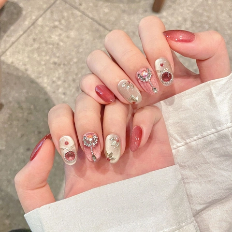 Handmade Press On Nails Pink Cat Eye Luxury Coffin Oval Fake Nails Rhinestone Artificial Pearl Decoration False Nails For Women Party Wedding