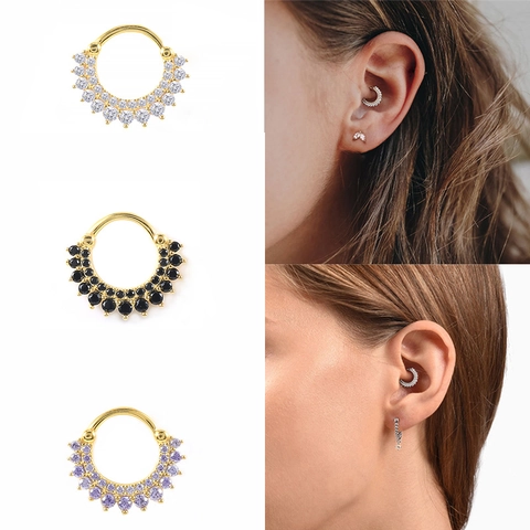 925 Sterling Silver Nose Ring Double Row Zircon Septum Clicker Hinged Segment Daith Cartilage Piercing Hoop Jewelry Women