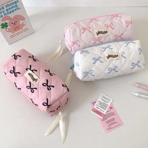 Astuccio Per Matite Trapuntato Con Stampa A Fiocco Borsa Per Cosmetici Portatile Organizzatore Di Cancelleria Per Studenti Stile Coreano