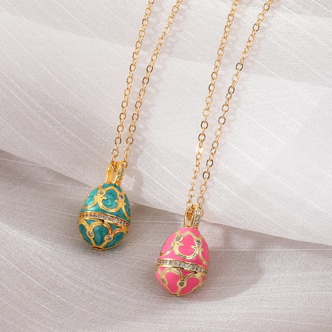 Collier Pendentif Œuf Vintage Cuivre Émail Chaîne En Acier Inoxydable Zircon Coloré Bijoux Rétro Pour Femmes