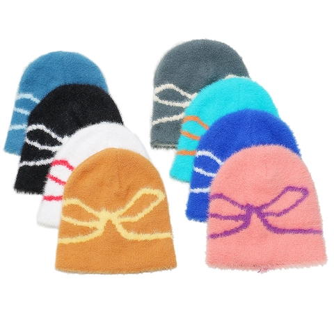 Berretto Beanie Da Donna In Finta Pelliccia Di Visone Caldo Invernale Maglia Jacquard Fiocco Casual Dolce