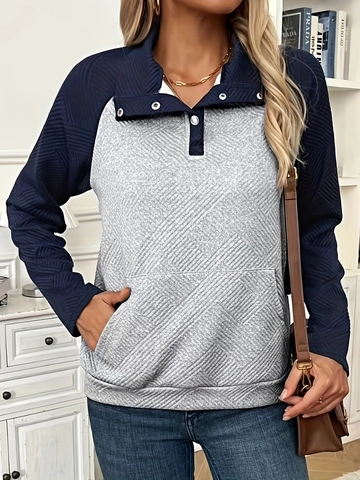 Women Color Block Quilted Sweatshirt Raglan Long Sleeve Pullover With Buttons Casual Leisure Kangaroo Pocket Top