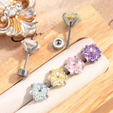Star Cubic Zirconia Titanium Steel Stud Earrings Screw Back Cartilage Piercing Jewelry For Women Sweet Style