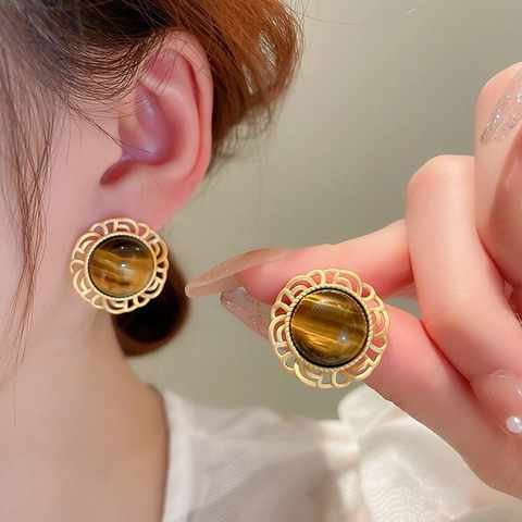 Pendientes De Botón Redondos Retro Con Piedra Ojo De Tigre Aleación De Encaje Y Poste De Plata Para Mujer Joyería Elegante
