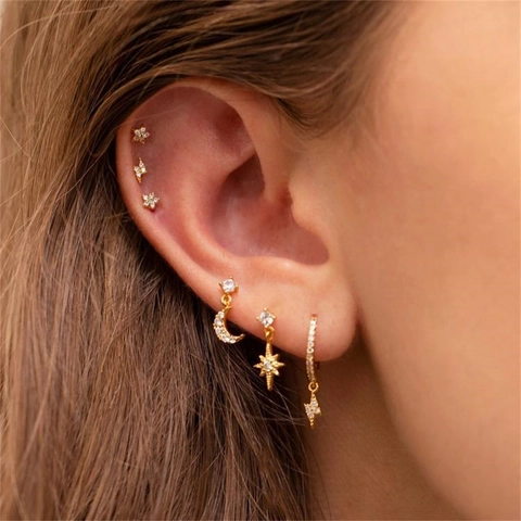 Orecchini In Zirconia Celestiale Stella Luna Fulmine Rame Placcato Oro Gioielli Di Tendenza Per Donne