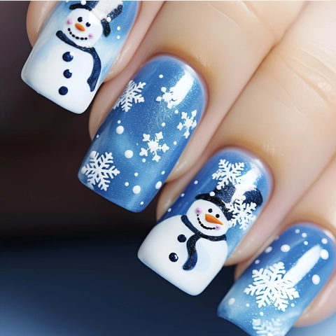 Christmas Press On Nails Blue Gradient Snowman Snowflake Pattern Plastic Square False Nails Women Winter Holiday Party