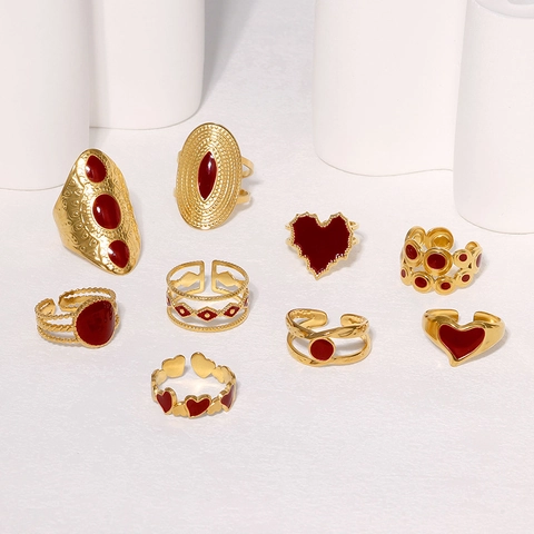 Vintage Stainless Steel Open Adjustable Ring For Women Gold Plated Red Enamel French Retro Geometric Heart Jewelry