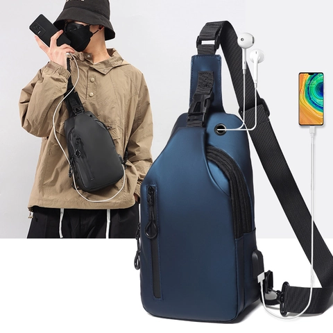 Herren Brusttasche Wasserdicht Sling Umhängetasche Mit USB Ladeanschluss Und Kopfhörerloch Mode Lässig Reise
