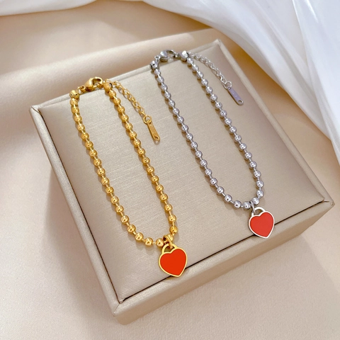 Stainless Steel Red Heart Pendant Bead Chain Bracelet Adjustable Enamel Charm Jewelry For Women Gift