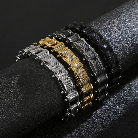 Men Stainless Steel Bracelet Motorcycle Bike Chain Industrial Style Mesh Texture Inlaid Zirconia Jewelry