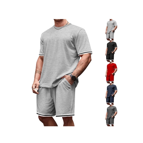 T-Shirt E Pantaloncini Da Uomo Estate Sport Casual Girocollo Maniche Corte Coulisse In Vita Dettaglio Righe