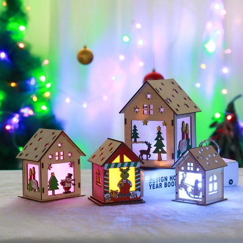 Casa De Madera Luminosa De Navidad Adorno LED Decoración De Escritorio Diseño Festivo DIY Papá Noel Reno Muñeco De Nieve