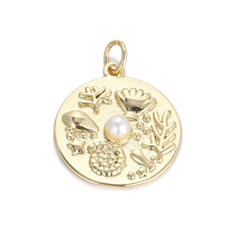 Arabic Letter Marine Starfish Shell Round Coin Pendant For Women DIY Jewelry Copper Rhinestone Artificial Pearl Charm