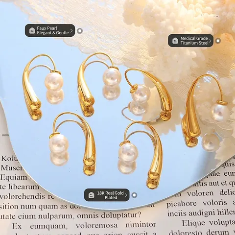 Orecchini a Gancio Curvo Geometrici in Acciaio al Titanio Con Perle Artificiali Eleganti Gioielli di Moda Per Donna