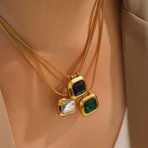 Collier Pendentif Géométrique En Pierre Carrée Acier Inoxydable Chaîne Serpent Bijoux Rétro Français Pour Femmes