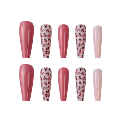 Press On Nagels Lange Ballerina Vorm Kunstnagels Glanzend Rozerood Luipaardprint Afneembaar DIY Manicure Accessoire