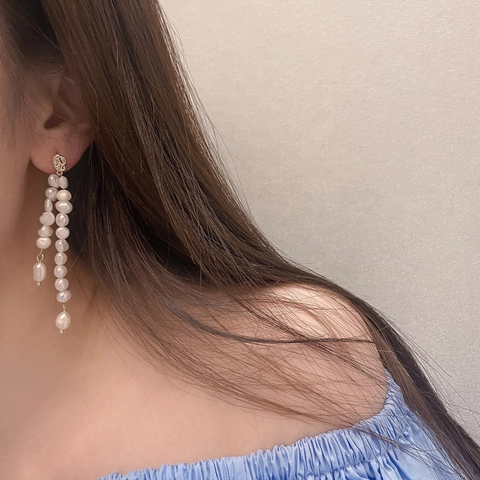 Barokke Zoetwaterparel Lange Kwastje Hangende Oorbellen Met Koperen Oorsteker Retro Elegante Sieraden