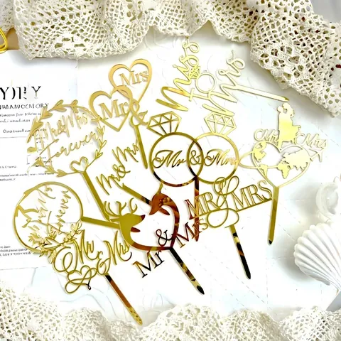 Wedding Cake Topper Mr And Mrs Acrylic Wood Mirror Gold Silver Rose Gold Heart Engagement Party Decor Anniversary