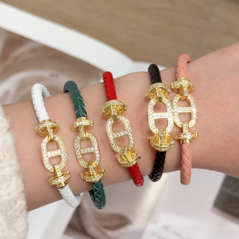 Geflochtenes Lederarmband Für Damen Herren Vergoldete Messing Schweinenase Schnalle Strass Modeschmuck Handseil