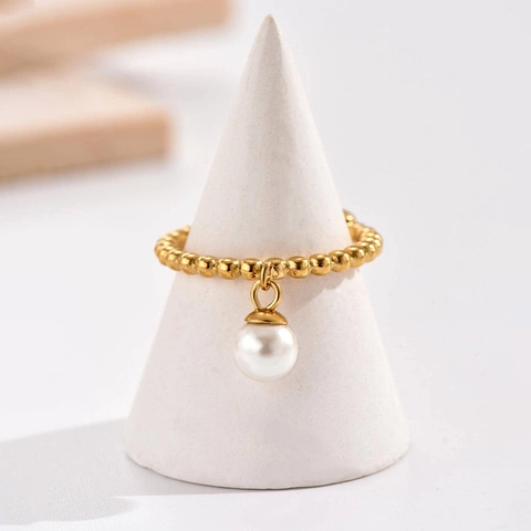 Verstelbare Ring Met Kunstparelhanger Titanium Staal Verguld Kralenketting Franse Vintage Minimalistische Sieraden Voor Dames